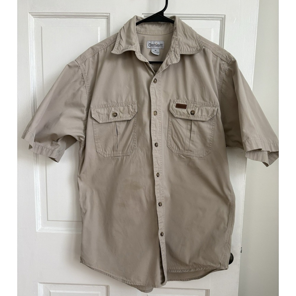 Carhartt Mens Short Sleeve Button Down Work Shirt Tan Khaki Cotton S110STN M‎